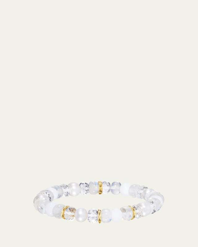 14K Yellow Gold White Mix Bead Bracelet with 3 Plain Rondelles